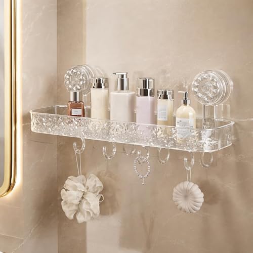 Image of Bathroom Corner Shelf for Wall with Strong Suction Cups - Transparent Acrylic Triangle Storage Rack with Utility Hooks, No-Drill Bathroom Organizer for Shampoo, Soap & Accessories (Rectangular 2 Pcs)