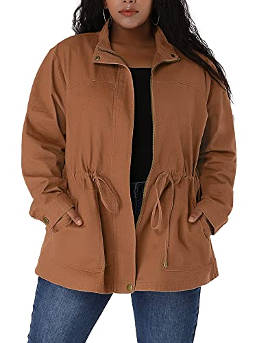 Agnes Orinda Womens Plus Size Stand Collar Drawstring Utility Jacket 2X Brick Red
