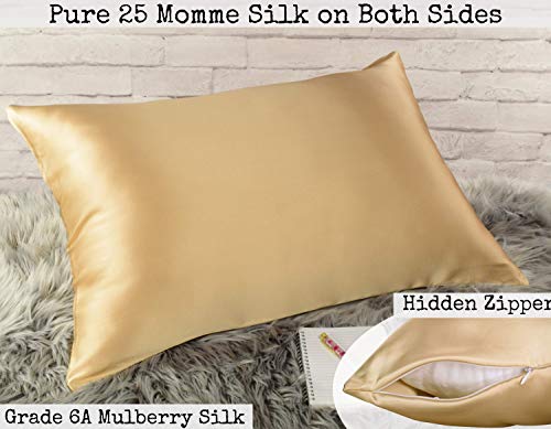 Celestial Silk 100% Silk Pillowcase For Hair Zippered Luxury 25 Momme Mulberry Silk Charmeuse Silk On Both Sides Of Cover -Gift Wrapped- (Queen, Gold) #TOP2