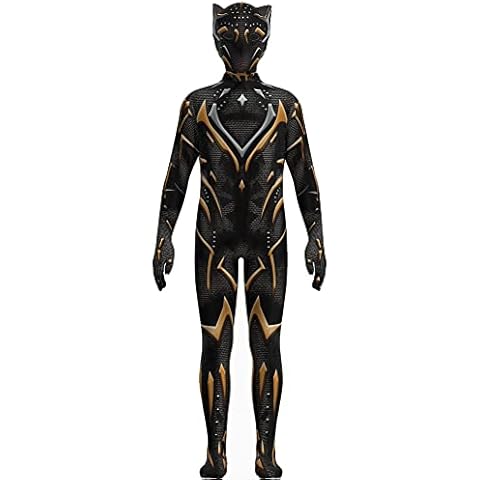 Alaiyaky Superhero Costume for Kids & Girls, Black Panther Costume Superhero Cosplay Outfit Gold & Black Spandex/Lycra Leotard, 3D Jumpsuit for Halloween Carnival Fancy Dress (Kids Cosplay 1,120) Cover