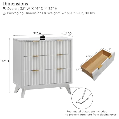 Image of T4TREAM Fluted 3 Drawer Dresser, 32 inch Tall Modern Chest of Drawers with Faux Marble Top, Curved Profile Design, Wood Drawer Organizer for Bedroom, Living Room, Hallway, Entryway, Solid White