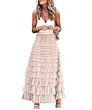 ebossy Women's Ruffled Tiered Tutu Tulle Skirt Stretchy A-line Prom Party Long Skirt (M, Pink)