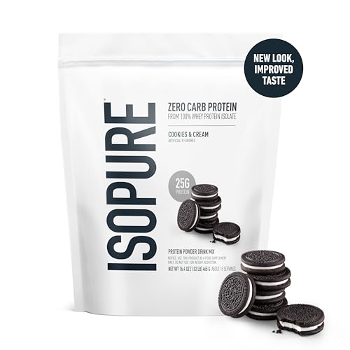 Isopure Zero Carb 100% Pure Whey Isolate Protein Powder, Lactose Free, Gluten Free, With Vitamins, Cookies & Cream, 25g Protein Per Serving, 1 Lb, 15 Servings (Packaging May Vary)