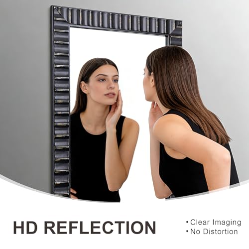 Image of Modern Wooden Black Bedroom Mirror, 60 inch x30.5 inch Mirror Wall Decor, Rectangular Relief Frame, Tempered Glass, Vintage Farmhouse Style for Living Room /Entryway /Bathroom (Black, 60 inchx30.5 inch)