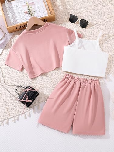 Image of Hilinker Girls 3 Piece Summer Outfits Graphic Crop Tee and Cami Top with Shorts Set