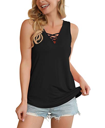 Feiersi Women's Summer Sleeveless Criss Cross Casual Tank Tops Basic Blouse Black X-Large