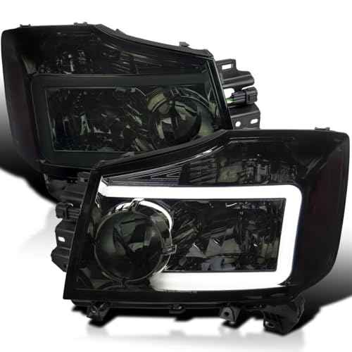 SPEC-D TUNING Smoke Headlights w/LED Light Bar Compatible with 2004-2015 Nissan Titan 2004-2007 Armada Left + Right Pair Headlamp Assembly