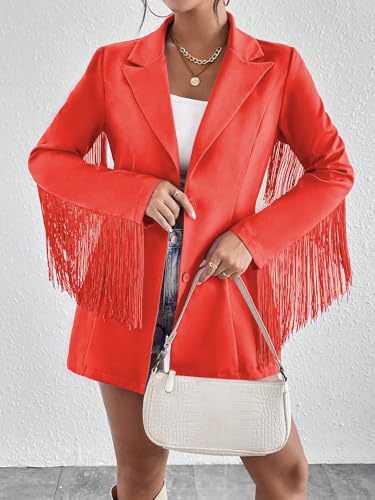 WDIRARA Women's Fringe Trim Button Front Long Sleeve Lapel Neck Party Blazer4