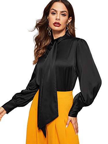Romwe Women's Solid Print Elegant Bow Tie Neck Long Sleeve Work Office Blouse Top Black Satin L #TOP5