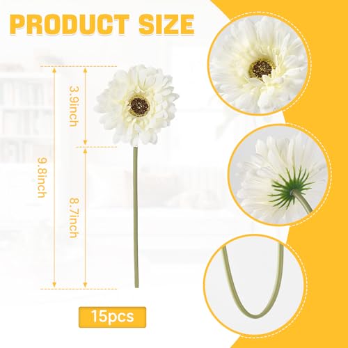 HOKPA Artificial African Daisies Flowers 15 Pcs Faux Gerbera Daisies Artificial Flowers for Wedding Bridal Bouquet Party Home Kitchen Decor (White)