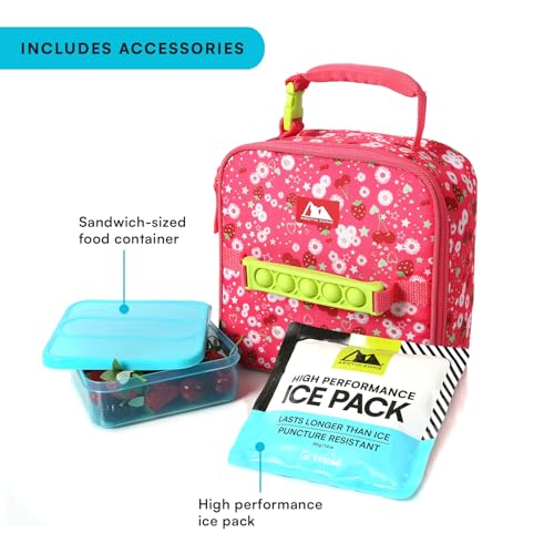 Image of Arctic Zone Kids Lunch Box Combo with Fidget Handle, Very Berry Cherry | Kids lunch box with reusable gel ice pack and sandwich container, fidget handle, 2 compartment cooler for school or travel