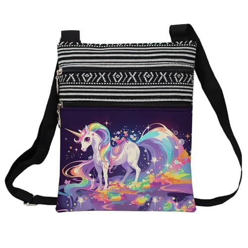 Rainbow Unicorn Messenger Bag Small Ethnic Pattern Printed Adjustable Strap Crossbody Zipper Bag Rainbow Unicorn Phone Bag Wallet Cute Shoulder Handbag for Women