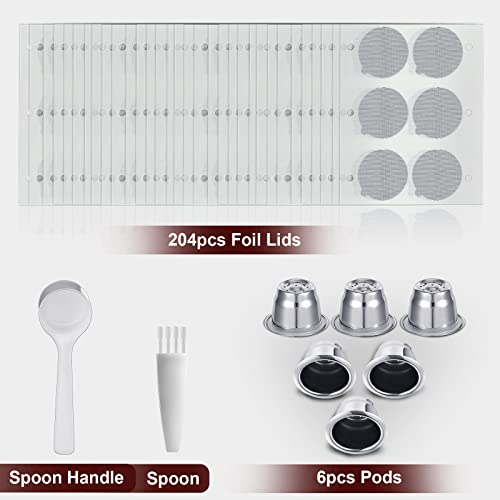 Didaey Wiederverwendbare Espresso-Kapseln aus Edelstahl, nachfüllbar, wiederverwendbare Espressokapseln mit Aluminiumfolien-Dichtungen, kompatibel mit Nespresso-Maschinen (6 Tassen, 204 Deckel)