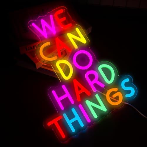 Image of We Can Do Hard Things Neon Signs Dimmable LED Inspire Neon Lights Wall Decor for Kids Room Classroom Bedroom Living Room Study Gift Art for Kids Friends -14.61 x 12.2 IN-USB Powered-Acrylic