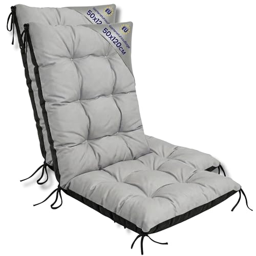 Amazinggirl Cojín Silla Jardín Respaldo Alto Set: 2X 50x120 cm - Colchón Asiento Exterior Mueble Patio Confort Impermeable Grueso Protección Gris Terraza Sol