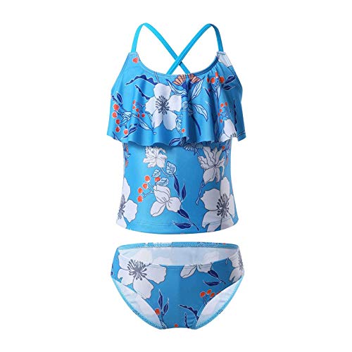 Yeahdor Little Big Girls Floral Printed 2 Pcs Tankini Cirss Cross Back Ruffles Tank Top with Brief