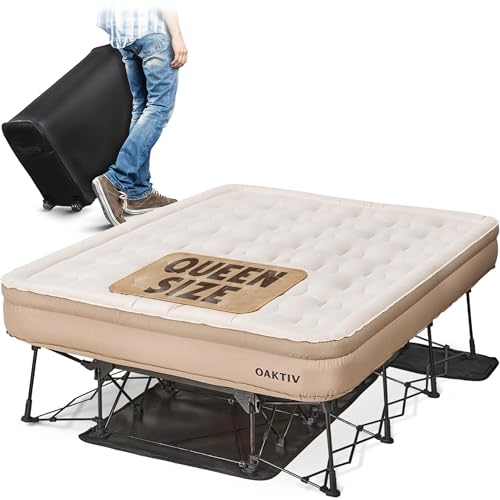 Oaktiv Queen Air Mattress with Frame, Self Inflating/Deflating Bed for Adults - PeakRest Blow Up Bed, Camping Cot with Mattress for Adults - Portable Queen with Travel Rolling Case on Wheels