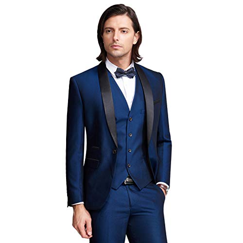 Mys Mens 3-Piece Suit Shawl Lapel One Button Tuxedo Winter Fabric Slim Fit Premium Dinner Jacket Vest Pants & Tie Set Deep Blue #TOP3