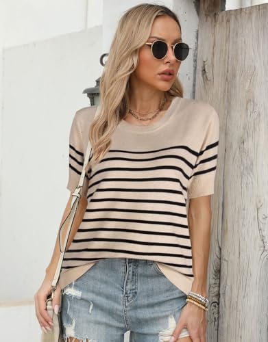 Womens 2025 Striped Tops Sweater Loose Knit Lightweight Short Sleeve Pullover Sweater Shirt2