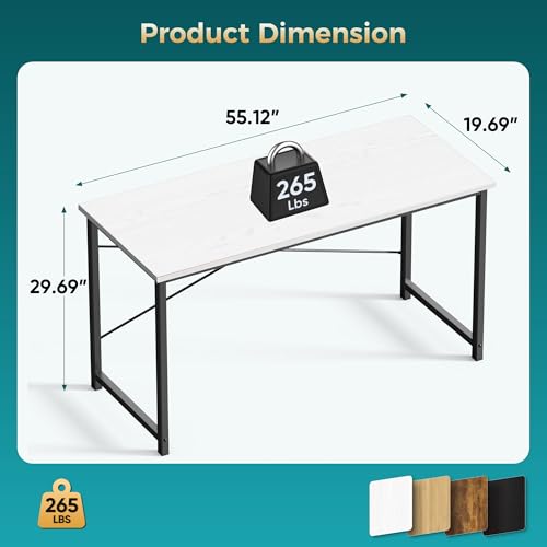 Image of DUMOS 55 Inch Computer Desk for Home Office, Modern Study Work Table Simple Style for Bedroom Small Space, Large Writing Desks with X-Shaped Reinforcement, Wood White