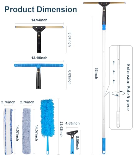 Image of Window Cleaning Kit, Swivel Squeegee & Scrubber with Extension Poles, Foldable Bucket, Blendable Duster, 2 Scrubber Pads & Cleaning Cloth, Glass Scraper Cleaning Tool Kit for Window Glass Mirror Car