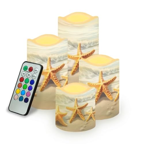 Image of Starfish Beach Flameless Candles with Remote Flickering Led Candles with Timer Set of 4 Electric Pillar Candles Battery Operated Fake Candles for Kitchen Room Home Decor