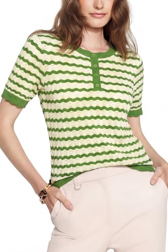 Newshows Women's 100% Cotton Lightweight Cute Top Basic Short Sleeve Crew Neck Vacation Striped Shirt Ladies Dressy Top and Crochet Knit Blouses(Apricot Green Small)