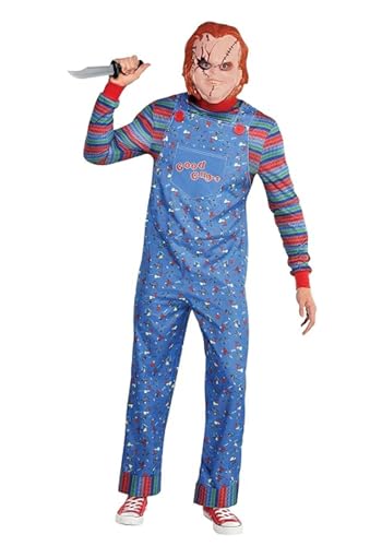 Party City Chucky Halloween Costume for Men, Child’s Play, Standard (40-42), with Jumpsuit and Mask Multicolor