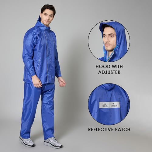 Image of THE CLOWNFISH Rain Coat for Men Waterproof Raincoat with Pants Polyester Reversible Double Layer Rain Coat For Men Bike Rain Suit Rain Jacket Suit Inner Mobile Pocket, Storage Bag (Royal Blue XXXL)