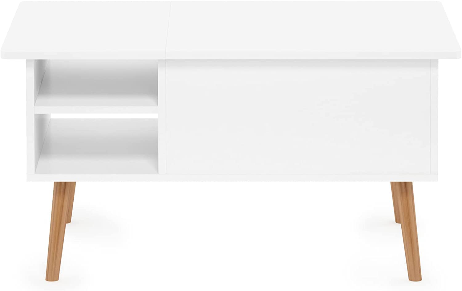 Living Room Wooden Leg Lift Top Coffee Table with Hidden Compartment and Side Open Storage Shelf, Solid White