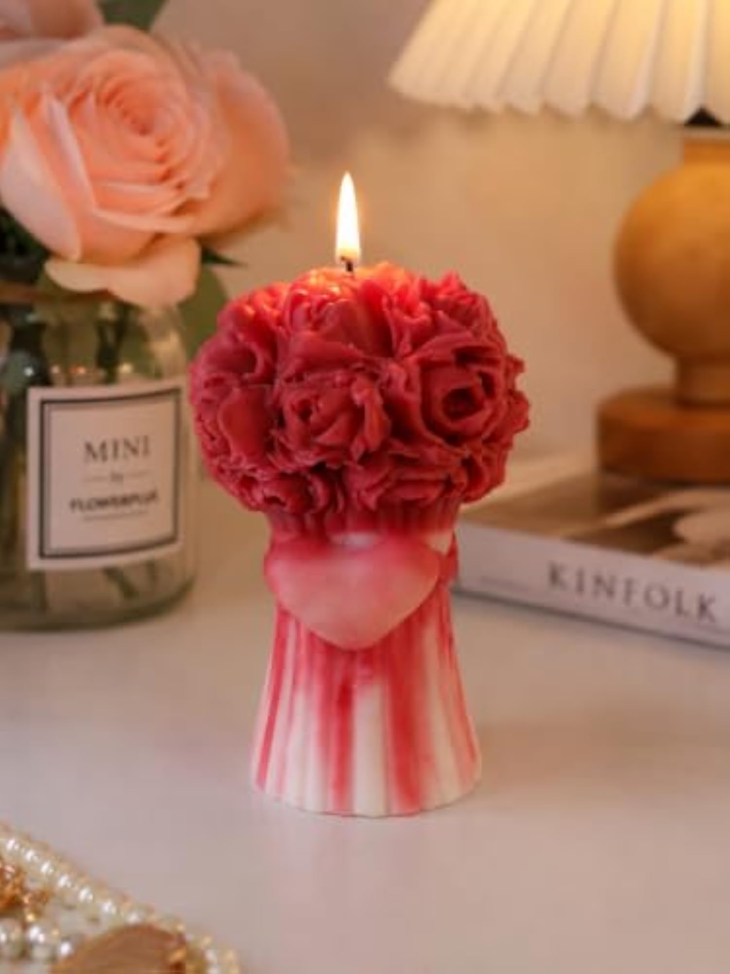 Rose Bouquet Shaped Decorative Pillar Candle, Red