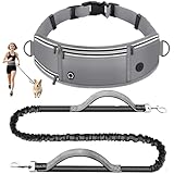 Looxmeer Joggingleine Hunde mit Bauchgurt, Freihändig Hundeleine für Große und Mittelgroße Hunde mit Dual Griffe, Reflektierende Laufleine Bauchgurt Hundeleine zum JoggenLaufen, 1.6-2.2M, Grau