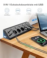 Vipwell Ecksteckdose mit Unabhängigem Schalter, Steckdosenleiste Mit 4 USB (2 USB C)+5 Fach Steckdose Mit Kindersicherung, 3680W, 2M Verlängerungskabel für Küche, Büro, Haushalt (schwarz‌) – Ansicht 2