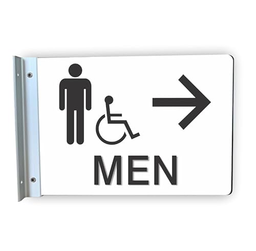 Men's Restroom Projecting Corridor Sign with aluminum wall bracket, Right Arrow, Accessible Symbol 6x9”, Large Legible Text, Double Sided, Weather Resistant Acrylic, Made in USA
