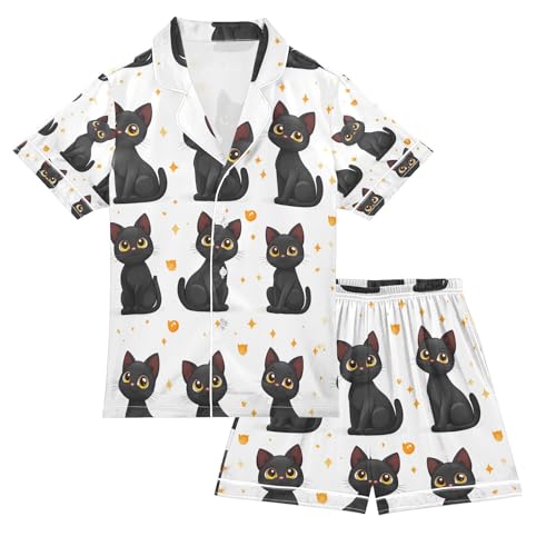 senya Black Cat White Background Satin Summer Pajama Sets Silk Short Sleeve Button Down Sleepwear