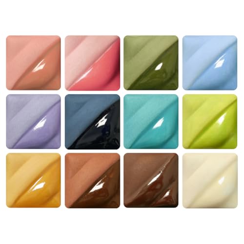 AMACO Velvet Underglazes 12-Count Set No. 2 12 Assorted Colors in 2 oz. (59 mL) Jars Cone 05-10 (V) Intermixable Liquid Ceramic Pottery Underglazes for Bisque and Wet/Unfired Clay