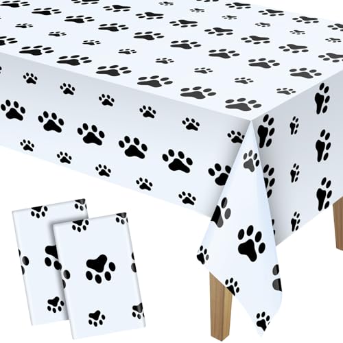 2 Pieces Puppy Paw Print Plastic Tablecloth Disposable Table Cover Puppy Themed Birthday Party Decorations for Dog Party Supplies (White,71 x 54 Inch)