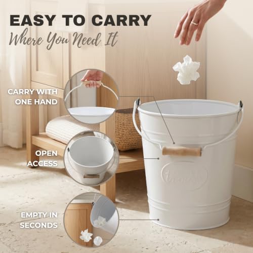 Image of Autumn Alley Farmhouse Bathroom Trash Can - White Trash Can Bucket with Wooden Handle for Rustic Bathroom, Bedroom, Office, Kitchen, Country Home Decor, 7 Liter, White