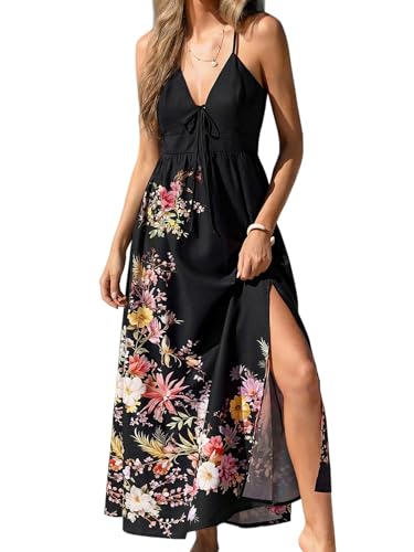 Robe sans manches à bretelles avec fente motif floral chic