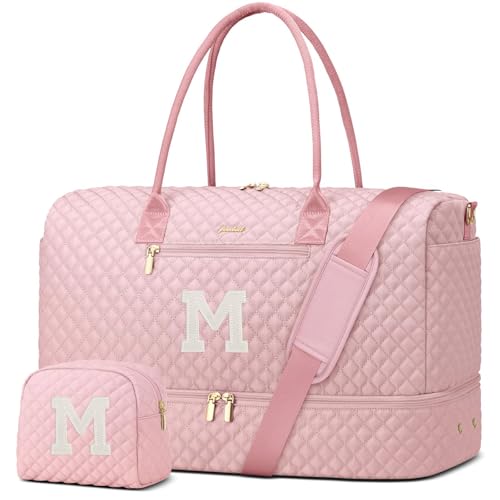 Letter Weekender Bags for Womens - Duffle Bag with Shoe Compartment Personalized Overnight Bag with Toiletry Bag Duffel Bags for Gym Hospital Bags Gift for Women Pink (Letter M)