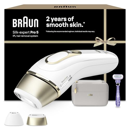 Braun IPL Silk-Expert Pro 5, at Home Hair Removal, Alternative for Laser Hair Removal, Includes Pouch, Venus Razor, Precision Head, 2 Years of Smooth Skin, Gift for Women, White/Gold, PL5138