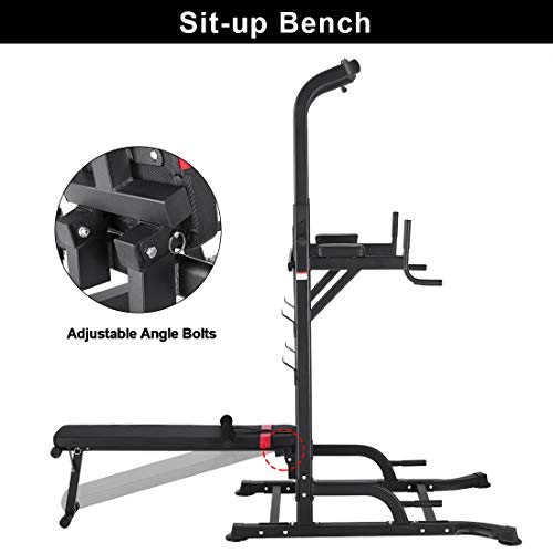 UBOWAY Power Tower with Bench: Pull Up Bar Stand Dip Station Adjustable Height Heavy Duty Multi-Function Fitness Training Equipment Home Gym