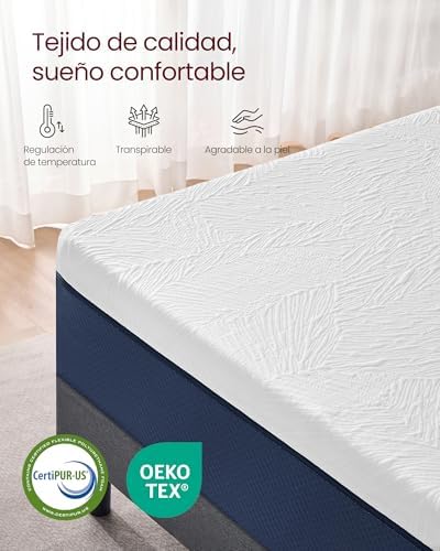 VASAGLE Colchón 90 x 190 cm, Colchón Individual, Espuma Viscoelástica con Gel, Firmeza Media Tirando a Suave en 7 Zonas, Funda Transpirable y Lavable a Máquina, Grosor 20 cm, Azul RMZ121QZ01