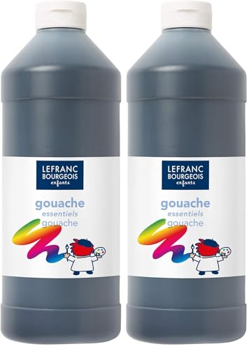 Lefranc Bourgeois - Gouache liquide Essentiel pour enfants - Bouteille 1L - Noir (Lot de 2)