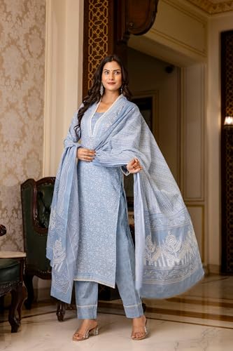 Image of GoSriKi Women's Rayon Blend Straight Printed Kurta with Pant & Dupatta