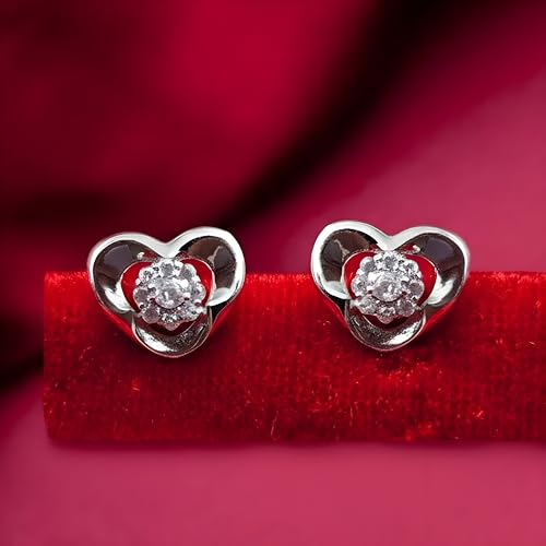 Image of Silver Heart Stud Earrings for Women - Elegant Floral Sparkle Design