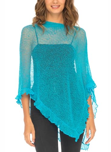 Image of SHU-SHI Women's Sheer Knit Poncho Shrug Lightweight Asymmetrical Ruffle Wrap Dressy Summer Shawl Cover Up Top