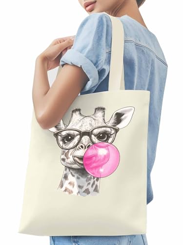 Canvas Tote Bag Giraffe Blow Bubbles Reusable Grocery Shopping Bag,Shoulder Tote Bags for Women Vacation Travel Work Gym3
