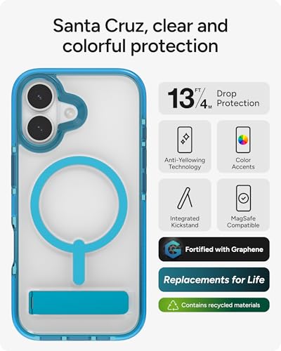 Image of ZAGG Santa Cruz Snap Case with Kickstand for iPhone 17 - Tranquil Blue, Drop Protection (13ft /4m), MagSafe Charging Compatible, ClearGuard Anti-Yellowing Technology, Scratch Resistant Phone Case