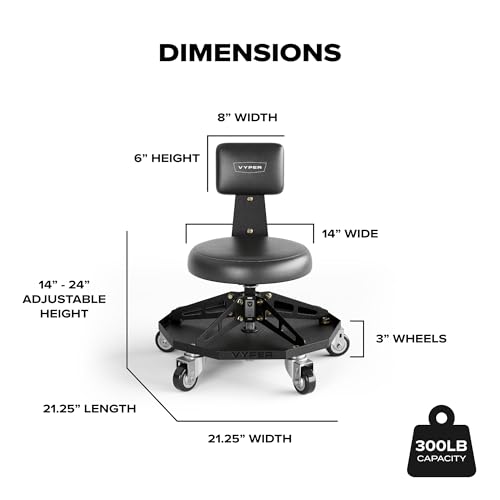 Vyper Robust Steel Sport Shop Chair for Mechanics, Automotive, DIY - Made in USA - 300 lb Capacity Garage Stool with Backrest & Large Wheels (Black Seat, Red Frame)